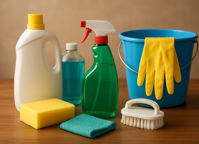 Cleaning supplies including sponges, brushes, and spray bottles on a wooden surface