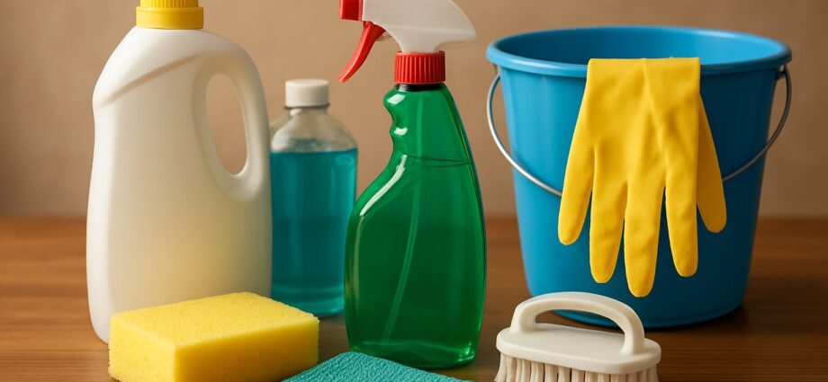 Cleaning supplies including sponges, brushes, and spray bottles on a wooden surface